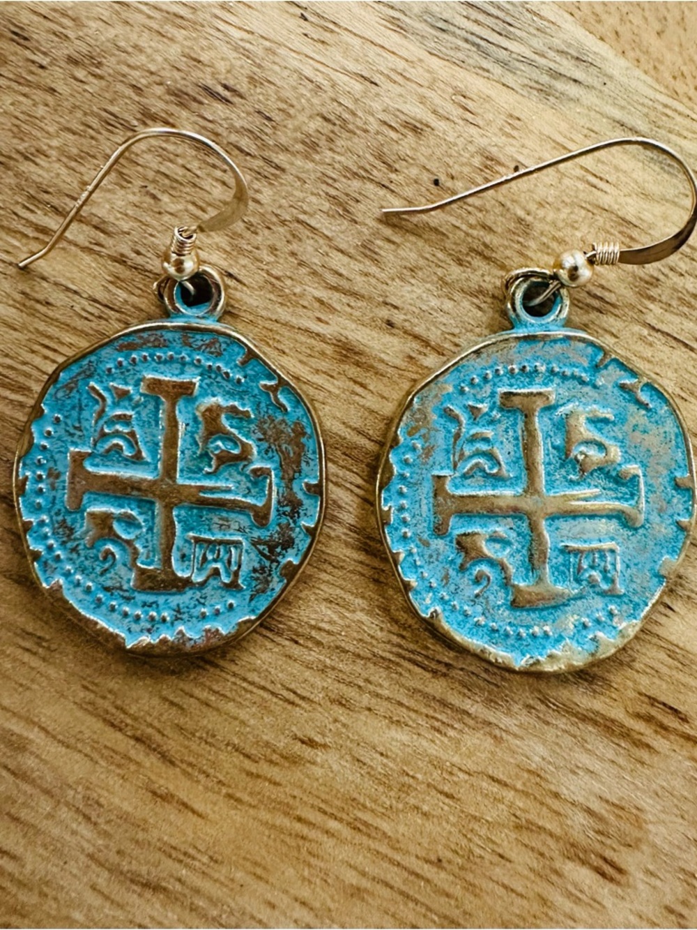 Turquoise Patina Cross Coin Drop Earrings -  Women Jewelry